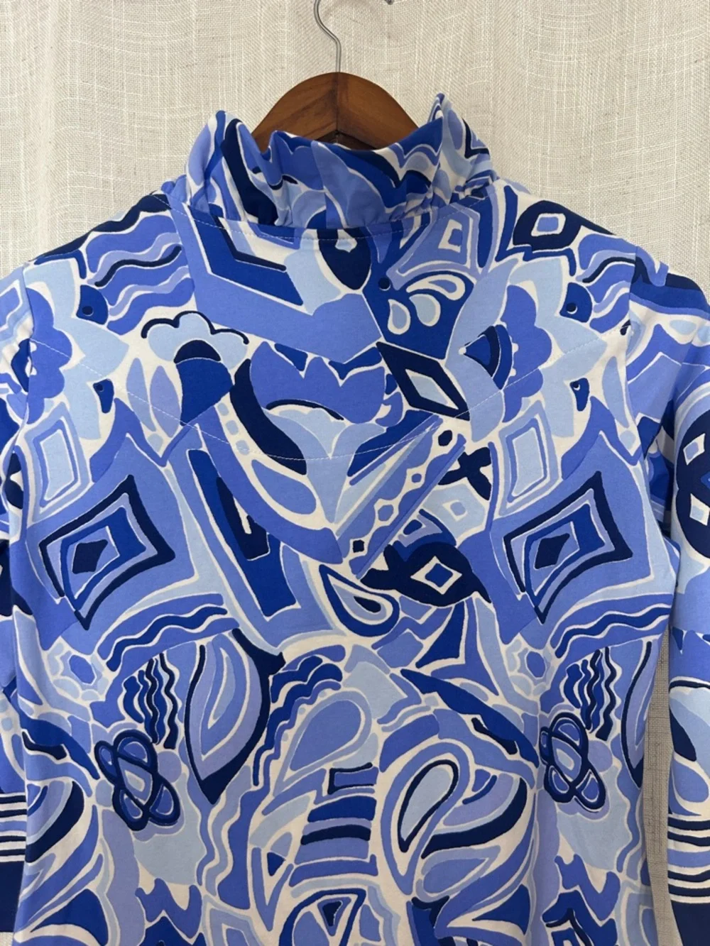 Barbara Erickson Blue Patterned Tunic Ruffle Neck Dress Size Small - Picture 9 of 11